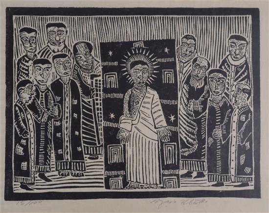 Azania Mbatha, wood engraving, Jesus showing himself after death, signed in pencil, 15/100, overall 25 x 34cm,